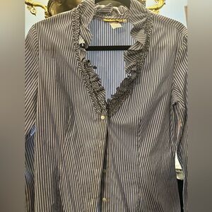 Striped Ruffle V-Neck Blouse - Blue/White Custom for Axels in Vail
